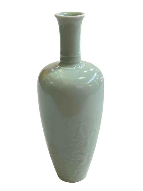 Chinese Celadon china vase with raised dragon decoration, six character Kangxi mark to base, 21cm.