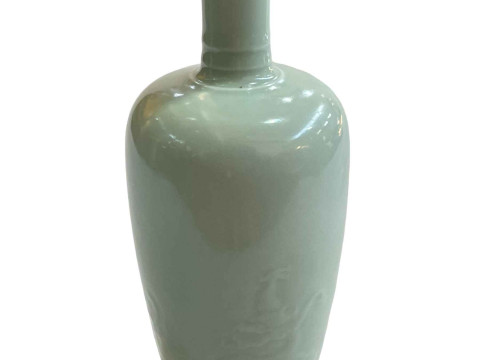 Chinese Celadon china vase with raised dragon decoration, six character Kangxi mark to base, 21cm. thumbnail