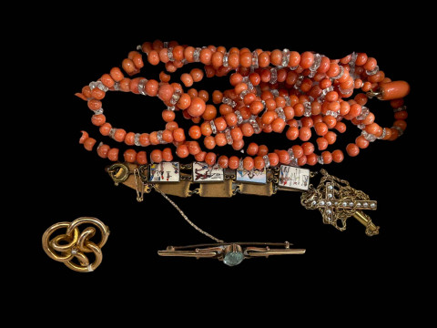 Victorian gold brooch, bar brooch, cross on chain, coral beads, and enamel...