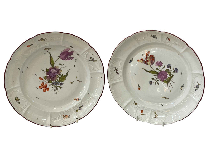 Pair Ludwigsberg 18th Century plates, painted with flowers, 24cm diameter.