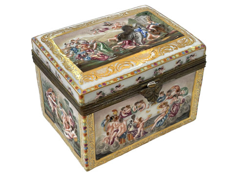 Capo di Monte gilt metal mounted casket with relief panels, 17cm across.
