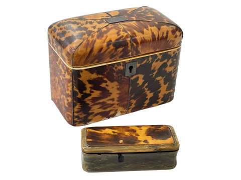Tortoiseshell twin compartment tea caddy and bone and tortoiseshell snuff...
