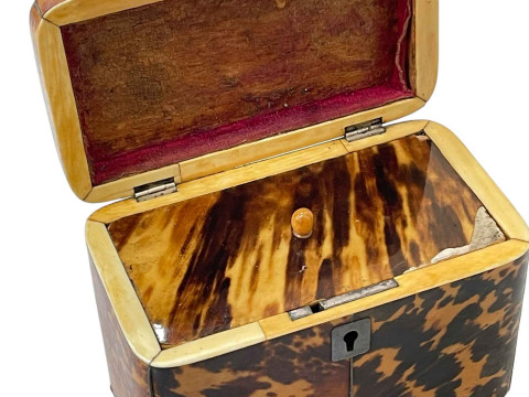 Tortoiseshell twin compartment tea caddy and bone and tortoiseshell snuff box. thumbnail