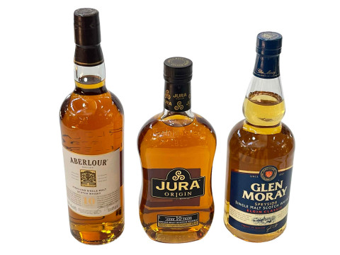 Three bottles of whisky, Aberlour 10 year, Jura 10 year, and Glen Moray.