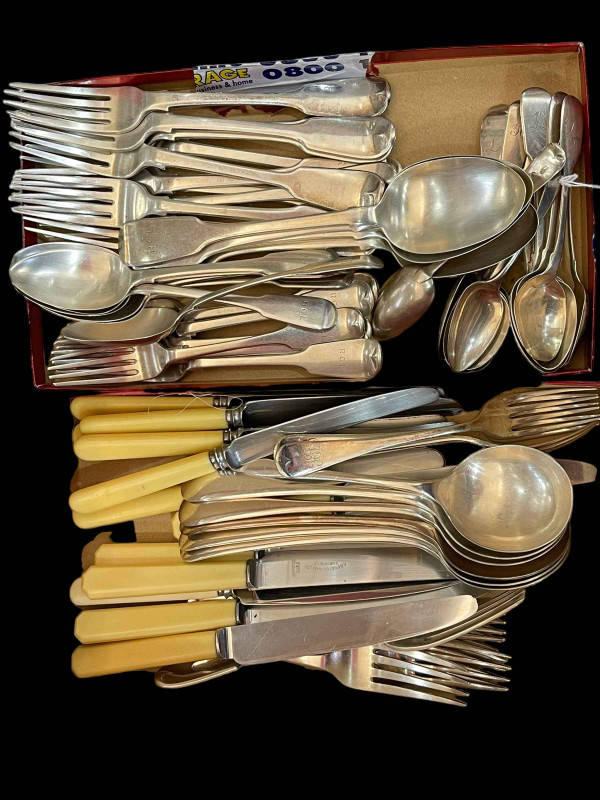 Collection of silver flatware mostly 19th Century and including table forks, dessert forks, and spoons, various dates, together with EP flatware.