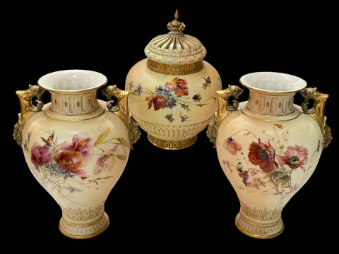 Pair large Royal Worcester vases with wild flower decoration and dragon...