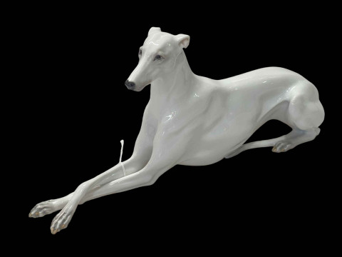 Austrian Vienna porcelain model of reclining greyhound, blue and impressed...