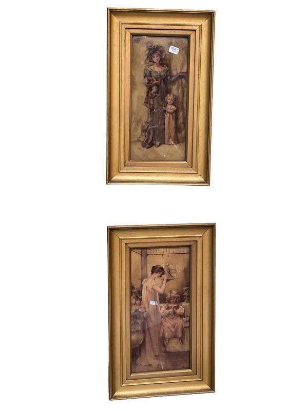 Pair gilt framed bevelled chrystoleums depicting mothers and children, 35cm by 22cm, including frames.