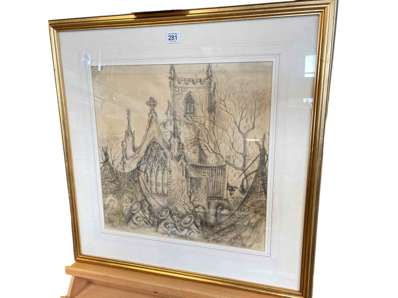 Gilt framed sketch of St Oswalds Church, Bishop Auckland depicting gala banners and tubas, 63cm by 63cm including frame.