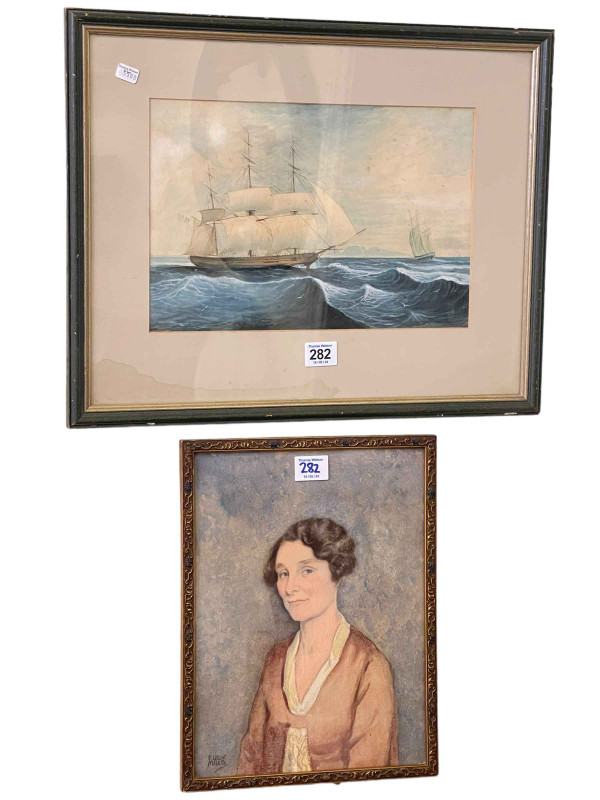 Two framed watercolours, Maritime and Portrait.