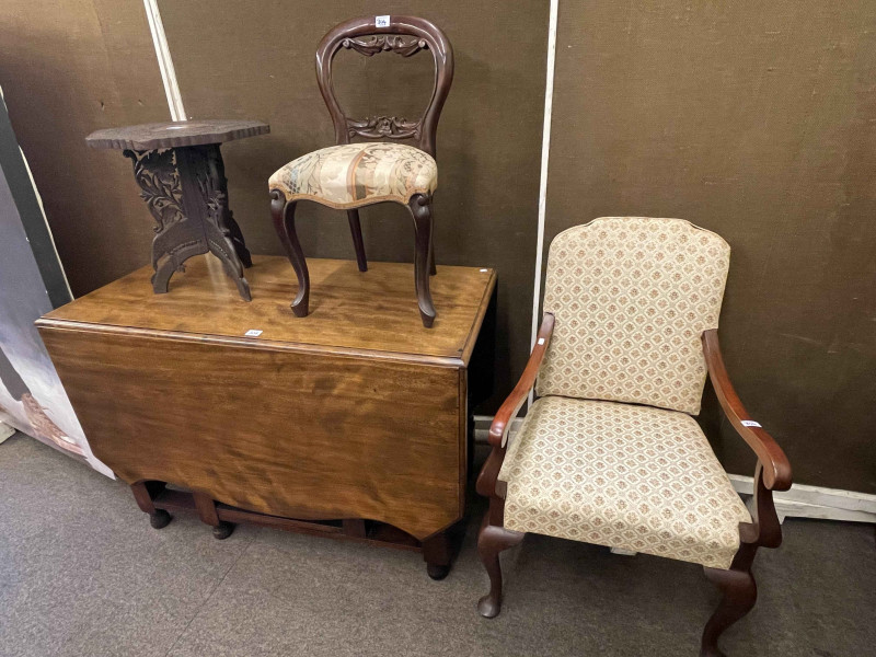 Mahogany drop leaf dining table, cabriole leg armchair, small carved Indian hardwood table and Victorian style child's chair (4).