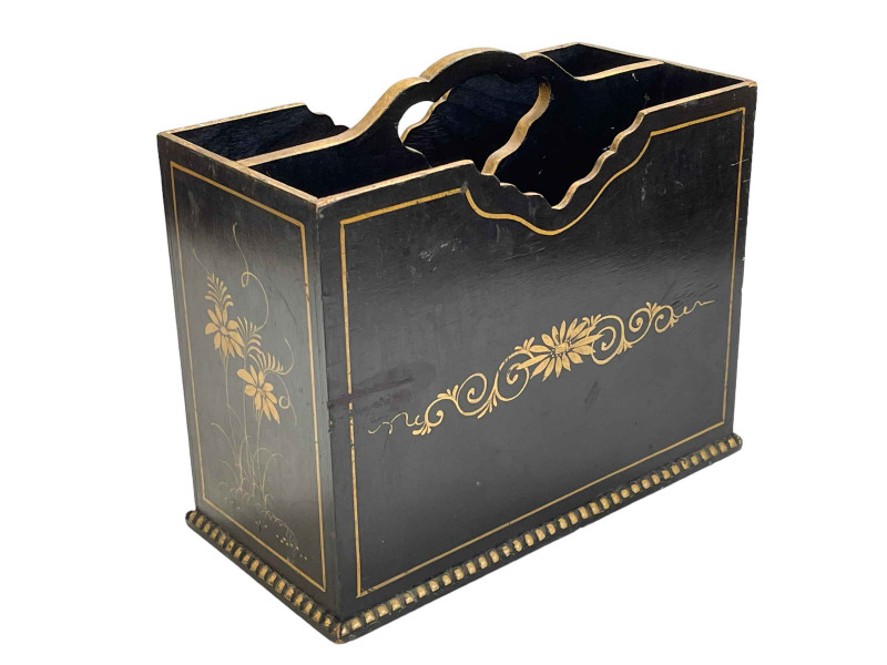 Black chinoiserie magazine rack, 26cm high.