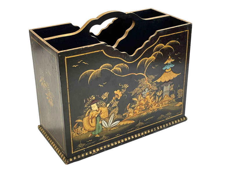 Black chinoiserie magazine rack, 26cm high.