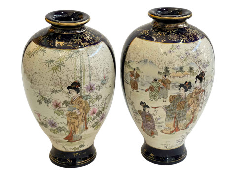 Pair large Satsuma vases with figure decoration, signed to base, 25cm. thumbnail