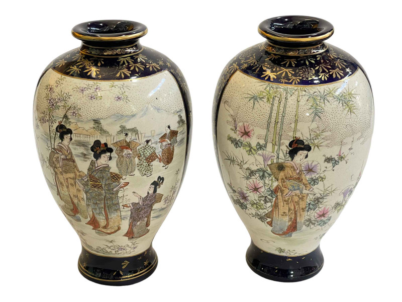 Pair large Satsuma vases with figure decoration, signed to base, 25cm.