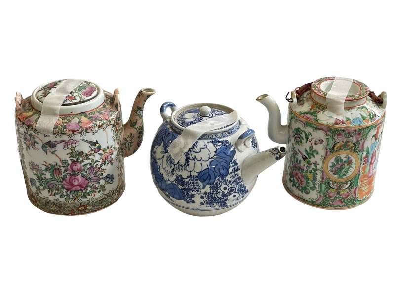 Two Cantonese and a Chinese blue and white teapots (3).