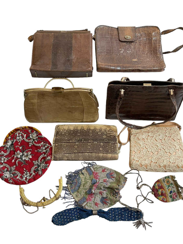 Five vintage skin bags including Lizard and Alligator, Waldy handbag, three beaded evening bags and pouch.