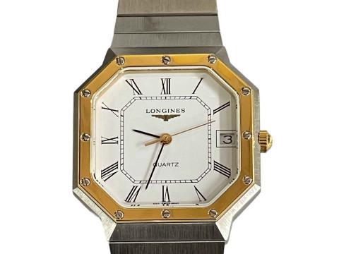 Longines gents octagonal bracelet date watch with service records and box. thumbnail