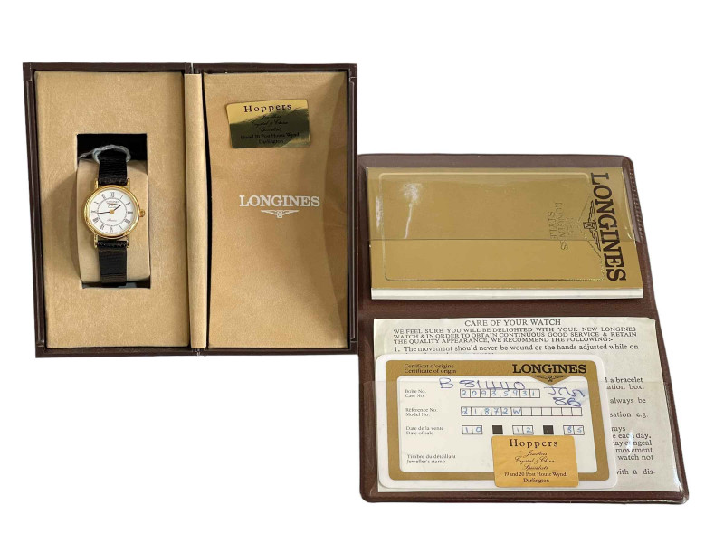 Longines ladies Presence wristwatch with certificate and box.
