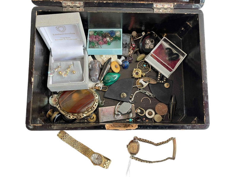 Box of jewellery and two watches.