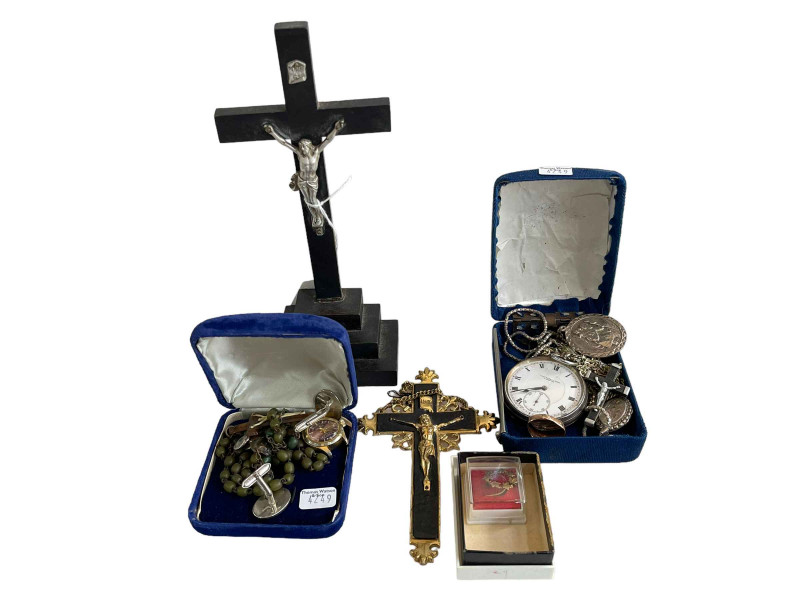 9 carat gold ring, sterling silver pocket watch, crucifix and jewellery.