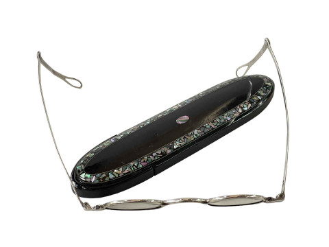 Pair George IV silver spectacles with papier mache case.