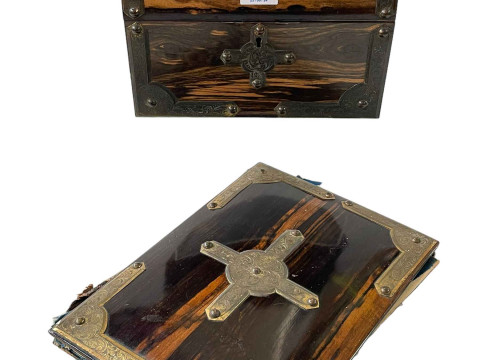 Brass mounted coromandel casket and blotter.