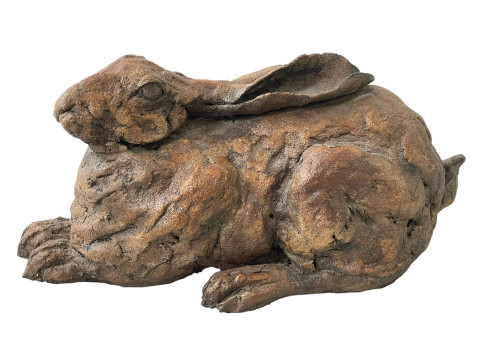 Lying hare clay sculpture by Anne Richardson, 30cm length.