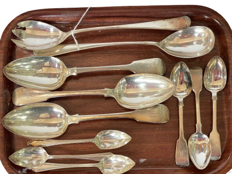 Silver flatware including three George IV tablespoons, salad servers,...
