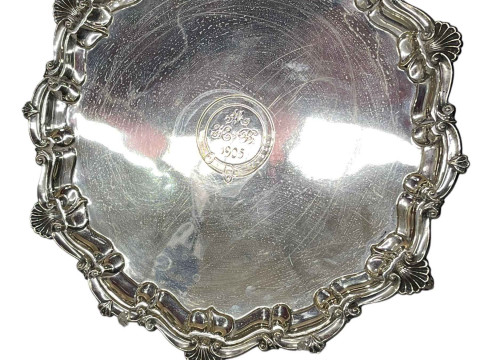 Large Edwardian silver salver with shell and scroll border, 45cm diameter,...
