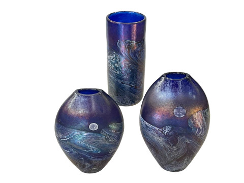 Three Saunders & Wallace art glass vases, tallest 20cm.