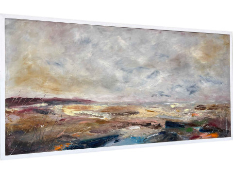 Lesley Birch, Restless Skies, mixed media on board, 50cm by 100cm, framed....