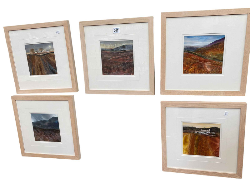 Jackie Stevenson, set of five mixed media landscapes, all signed, 15cm by 15cm, in glazed frames.