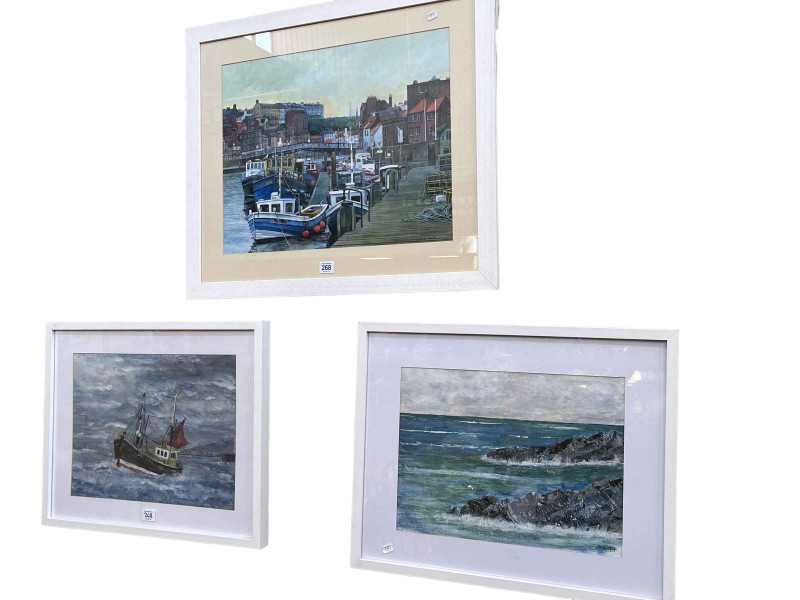 N N Dawson, Whitby Fish Quay, framed oil painting, 39cm by 49cm, and J Dobson, pair framed mixed media seascapes (3).