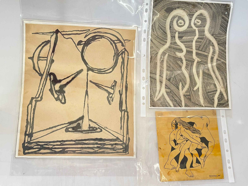 Dominic Fels, three abstract studies in pen ink-wash, largest 30cm by 26cm.