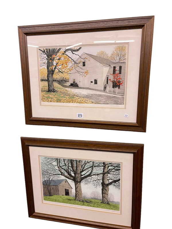 Carol Collette, two hand coloured etchings, Culvers Farm and April Awakening, in glazed frames.