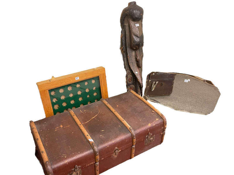 Wall mounted coin collectors display cabinet, vintage canvas trunk, tribal carving and three frameless wall mirrors (6).