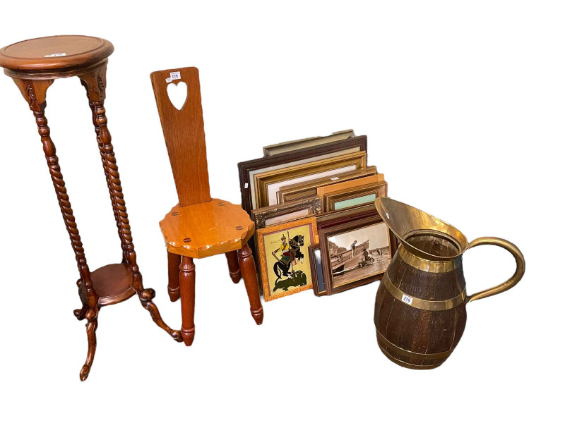 Coopered oak and brass bound jug, twist pillar plant stand, sewing chair and collection of pictures.