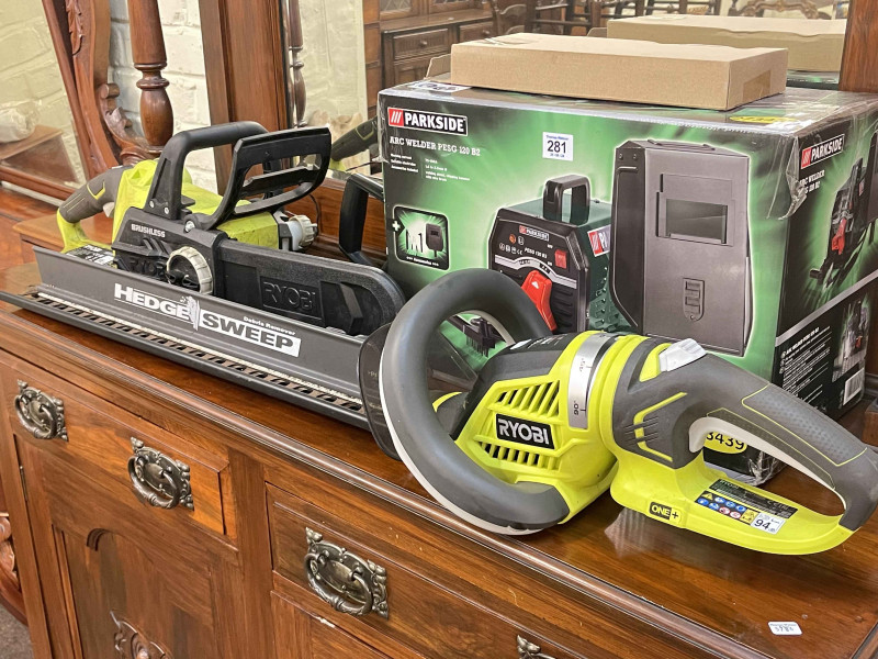 As new Arc Welder and collection of cordless garden tools.