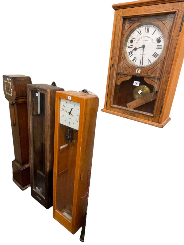 Oak cased wall clock, two clock cases and electric clock (4).