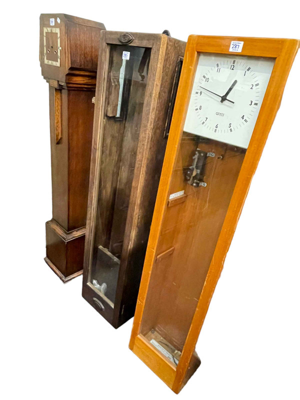 Oak cased wall clock, two clock cases and electric clock (4).