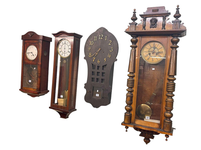 Victorian walnut cased Vienna wall clock, two mahogany wall clocks and oak wall clock (4).