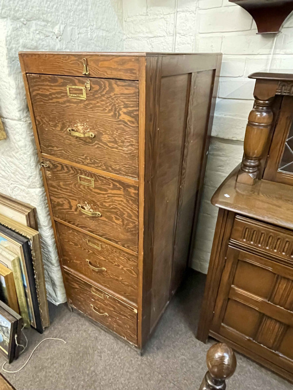Vintage four drawer filing cabinet, 131.5cm by 49cm by 65cm.