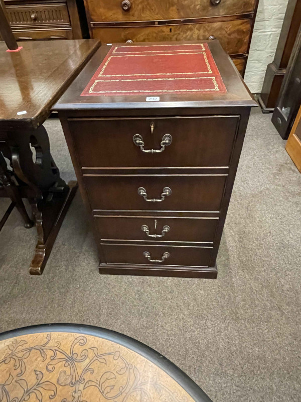 Leather topped mahogany two drawer filing cabinet, pair Victorian inlaid mahogany nursing chairs and three occasional tables (5).