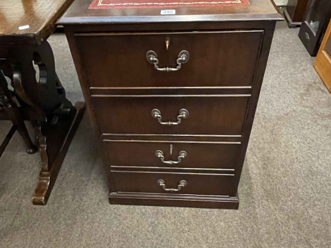 Leather topped mahogany two drawer filing cabinet, pair Victorian inlaid mahogany nursing chairs and three occasional tables (5). thumbnail