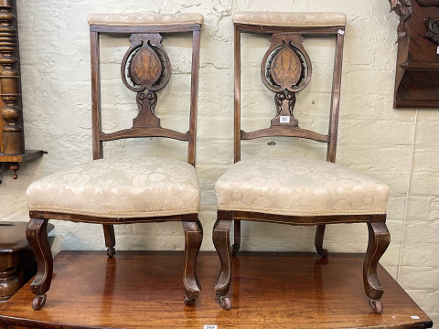 Leather topped mahogany two drawer filing cabinet, pair Victorian inlaid mahogany nursing chairs and three occasional tables (5). thumbnail