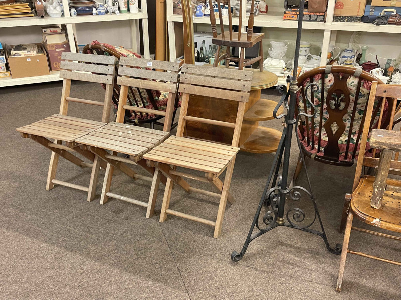 Early 20th Century swivel office desk chair, pair folding Bentwood chairs, two rustic stools, wrought iron telescopic standard oil lamp and set of three teak folding garden chairs (9).