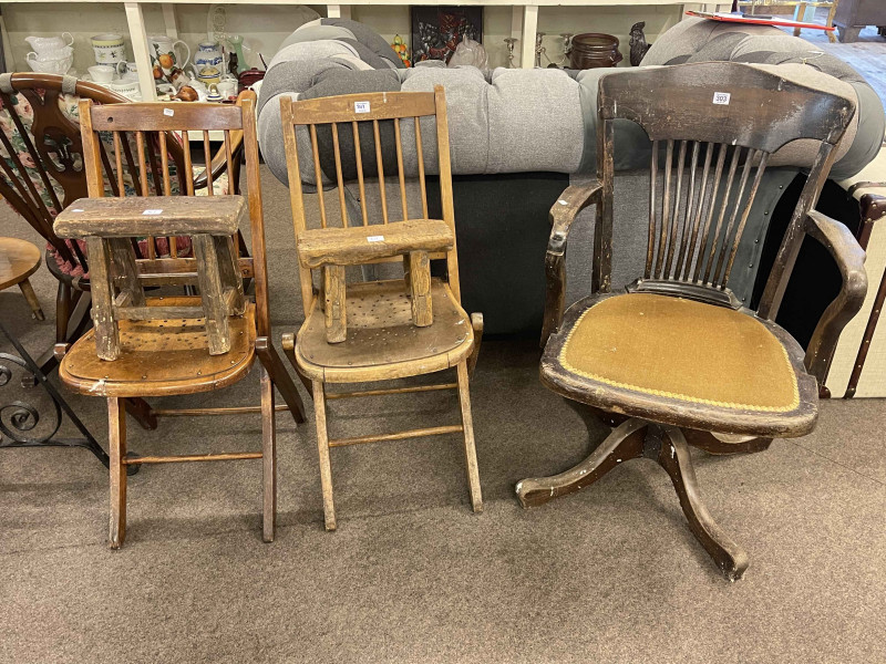Early 20th Century swivel office desk chair, pair folding Bentwood chairs, two rustic stools, wrought iron telescopic standard oil lamp and set of three teak folding garden chairs (9).