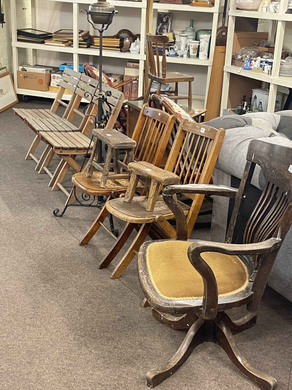 Early 20th Century swivel office desk chair, pair folding Bentwood chairs, two rustic stools, wrought iron telescopic standard oil lamp and set of three teak folding garden chairs (9).