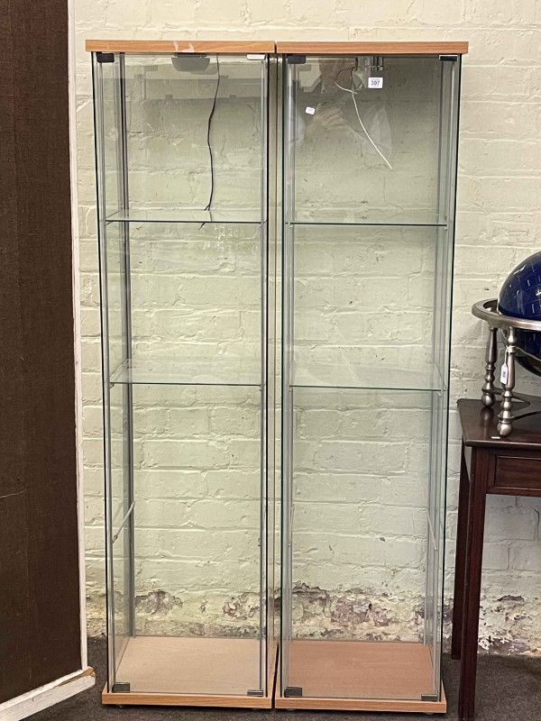 Pair contemporary illuminated island display cabinets, 163.5cm by 43cm by 37cm.